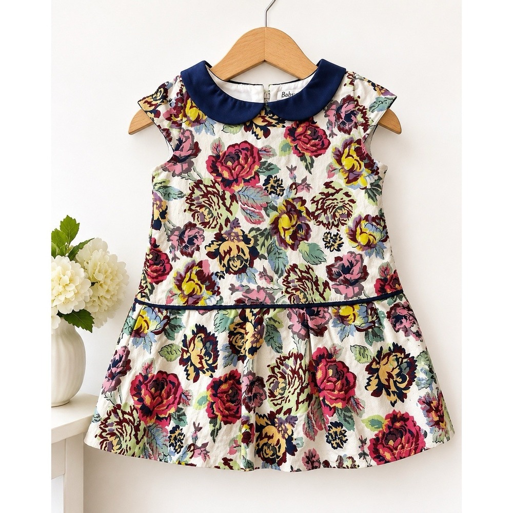 Girls‎ Floral Jacquard Party Dress Navy Peter Pan Collar 4T/5 - No Tag